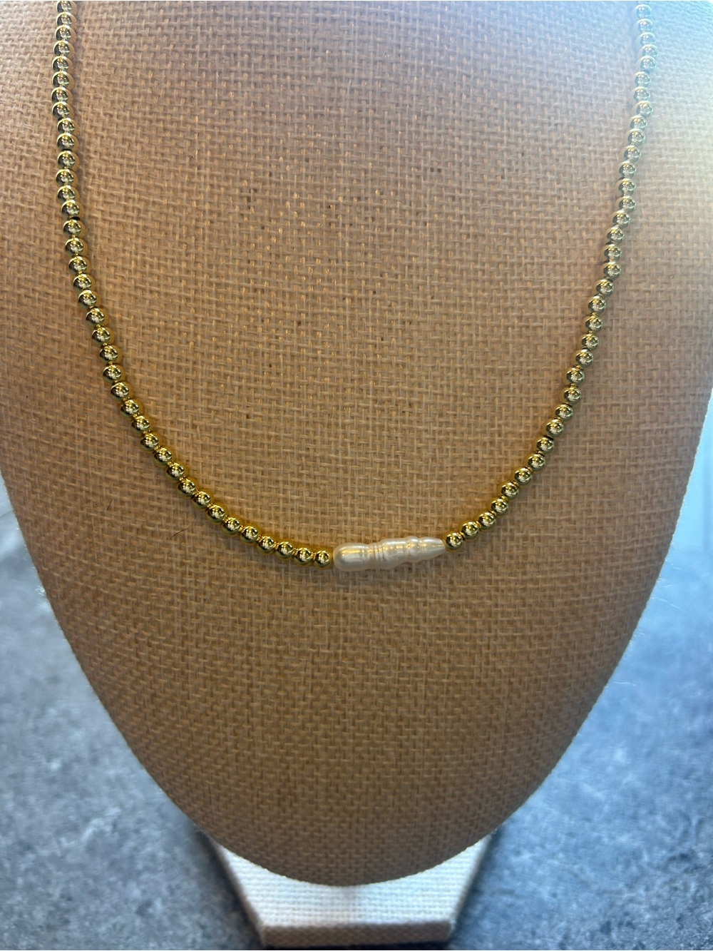 Gold Beaded Necklace with Baroque freshwater Pearl